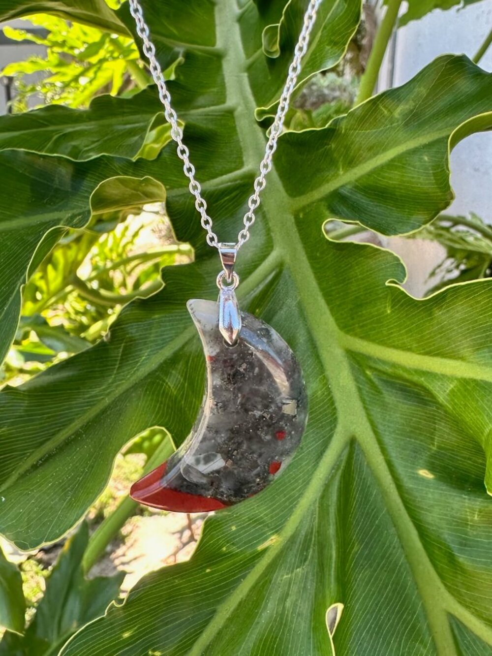 NEW African Bloodstone Crescent Moon Pendant Necklace